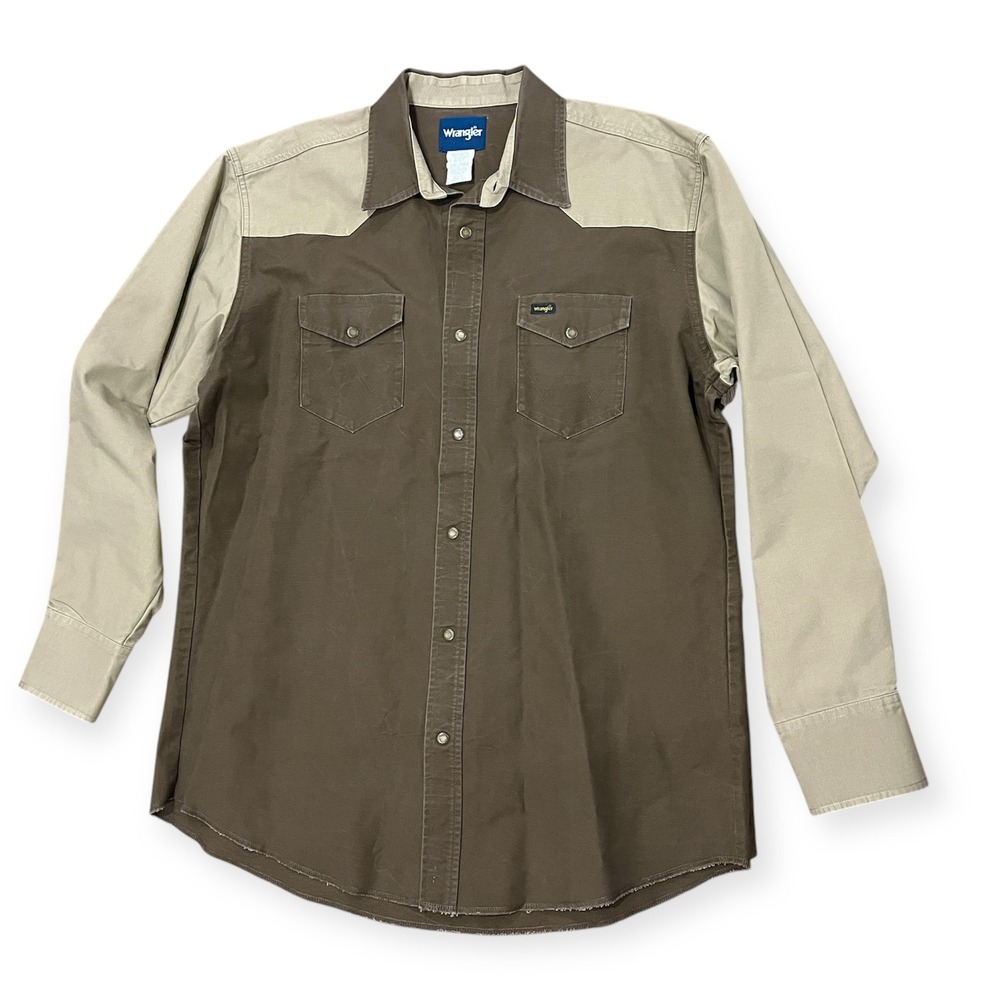 Wrangler Western Shirt Brown Two Tone Canvas Snap Button Workwear XLT XL TALL